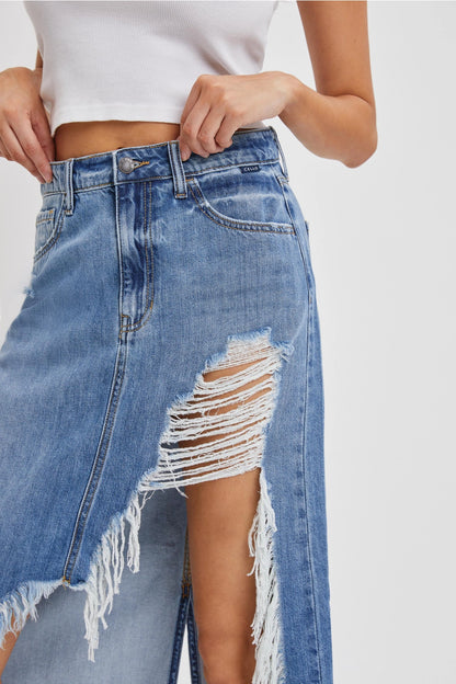 Denim Distressed Slit Skirt