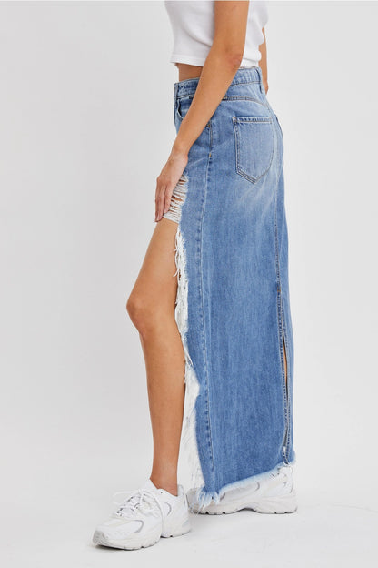 Denim Distressed Slit Skirt