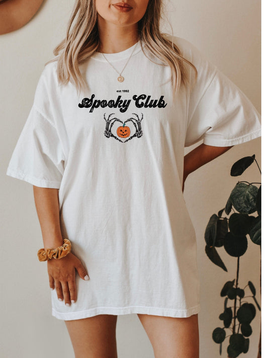 Spooky Club T-shirt, Skeleton hands with pumpkin shirt, Halloween Oversized T-shirt, Spooky Season Shirt, Halloween Aesthetic shirt