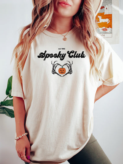 Spooky Club T-shirt, Skeleton hands with pumpkin shirt, Halloween Oversized T-shirt, Spooky Season Shirt, Halloween Aesthetic shirt